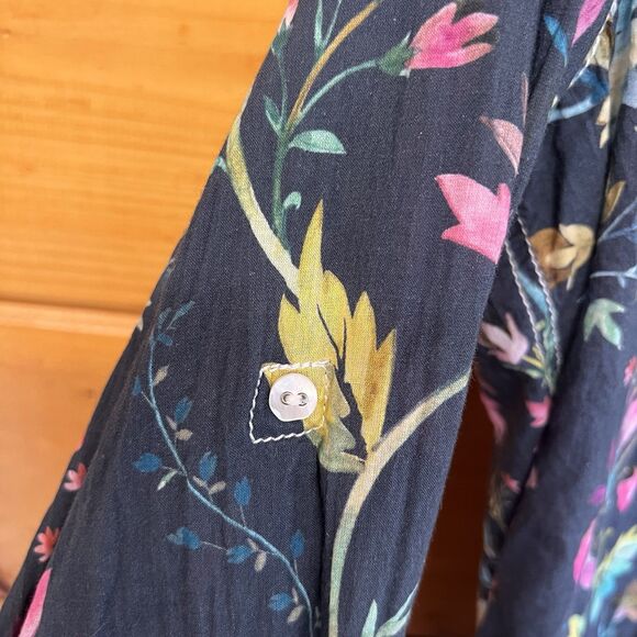 Cino Navy Cotton Floral button-down Shirt Size Large Roll Tab Sleeves - Picture 4 of 5
